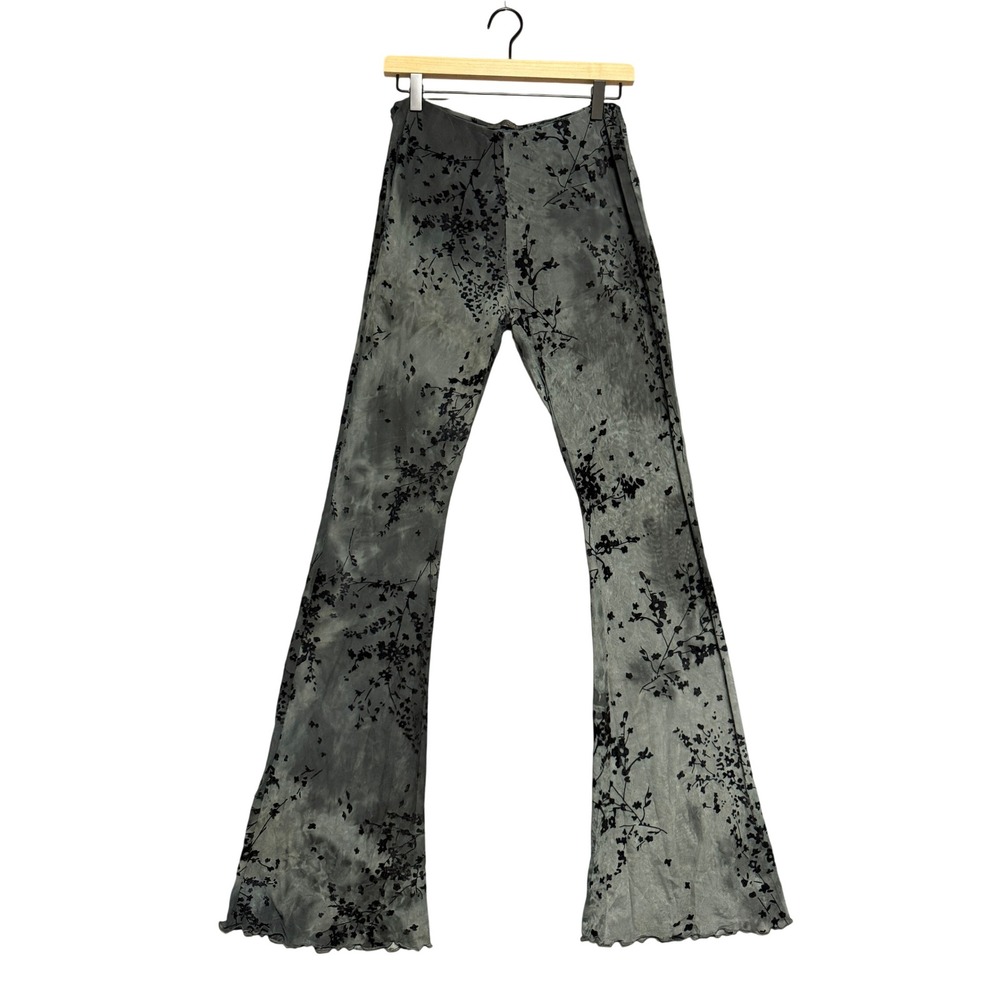 Zara Mesh Flare Pants Womens L Grey Black Floral Flocked Velvet Y2K Grunge Boho